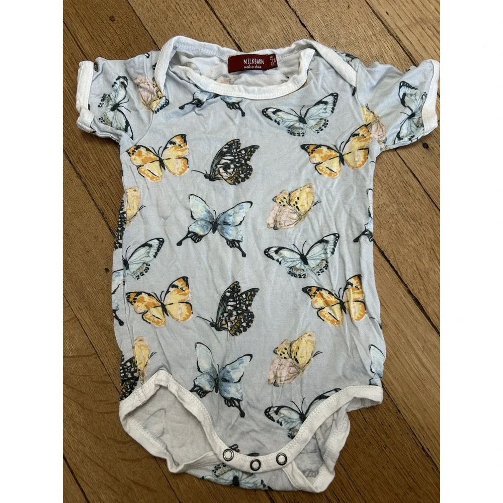 12-18M Milkbarn Blue Butterflies One Piece Top Snug Fit Buttery Soft Bamboo